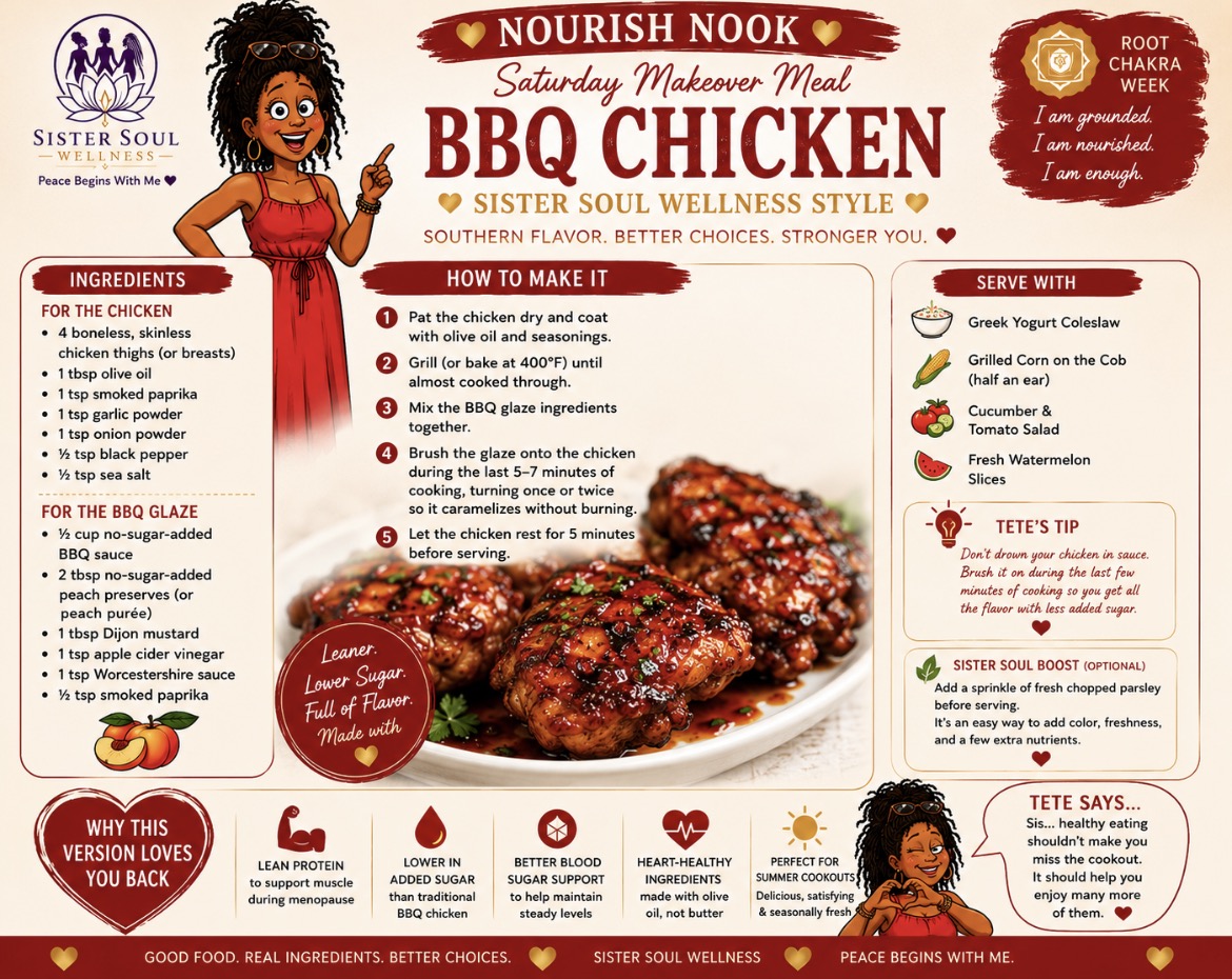 Sister Soul Wellness BBQ chicken Saturday Makeover Meal recipe card