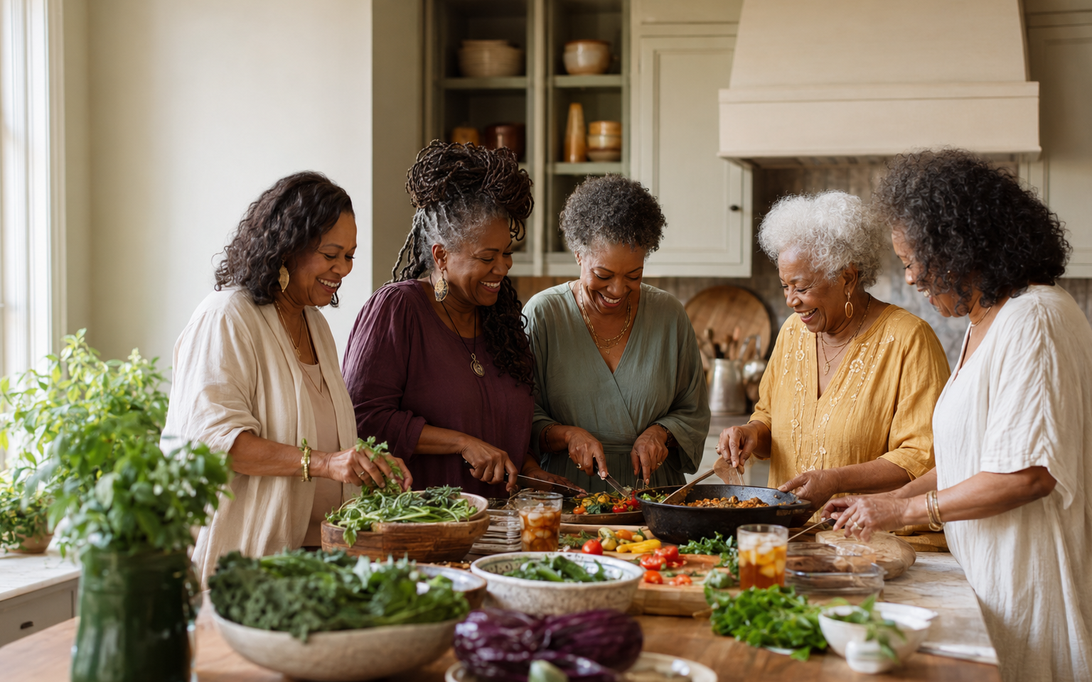 Women cooking and laughing together in a warm community kitchen
