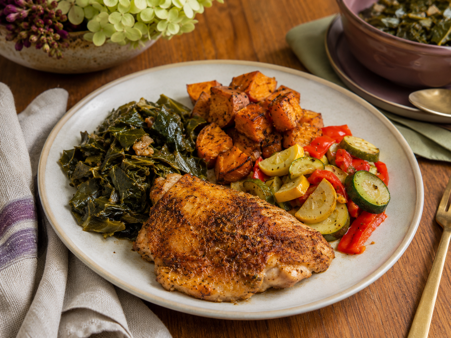 Air-fried seasoned chicken with collard greens, roasted sweet potato, and colorful vegetables