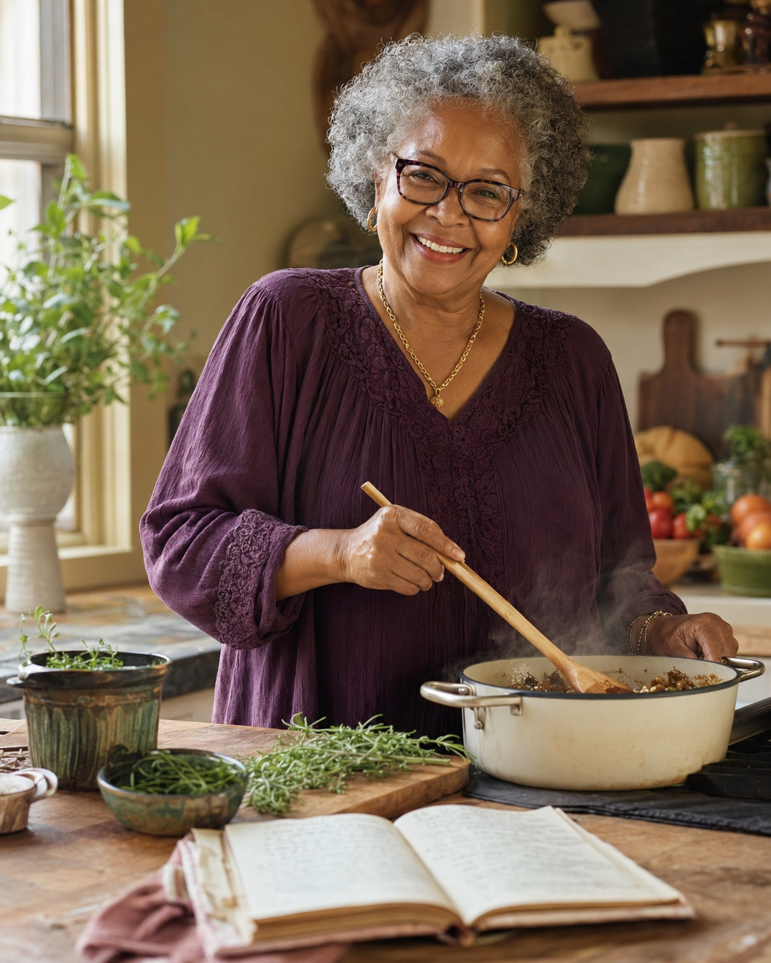 A joyful Black woman with gray curls cooking in her home kitchen