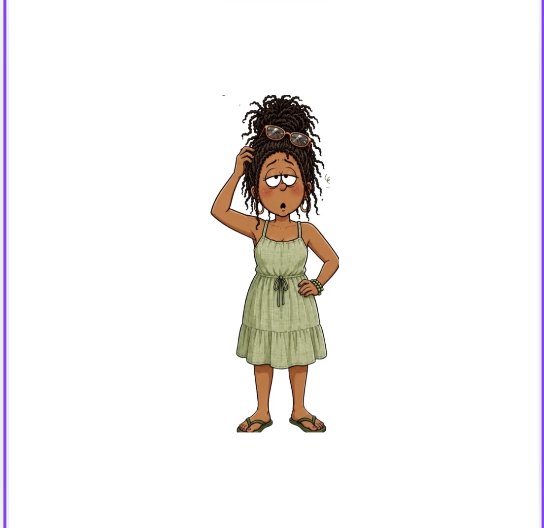 TeTe, the playful Sister Soul kitchen character, wearing a sage dress and glasses